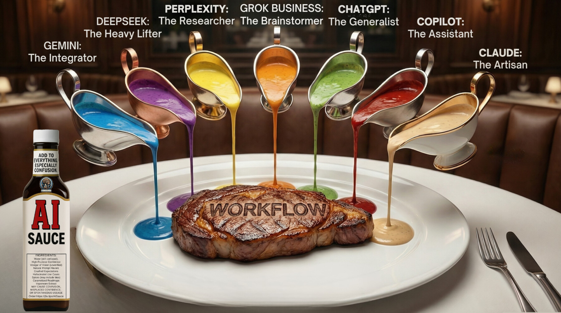 A steak representing workflow with small pours of different AI sauces