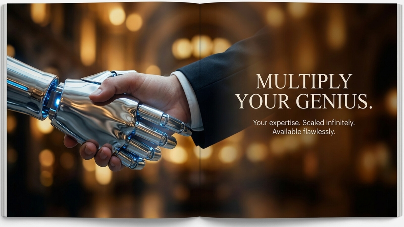 A human and robotic hand shaking beside the words Multiply Your Genius